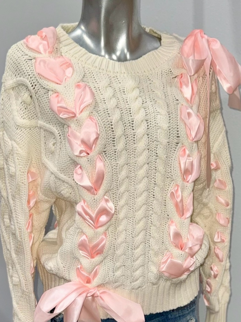 Forever 21 Cream Cable-Knit Sweater with Pink Ribbon Trim